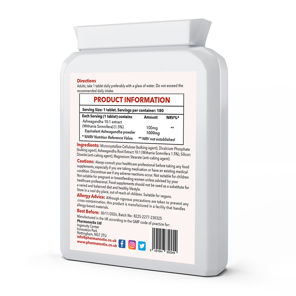 Ashwagandha 1000m Tablet,  1.5% Withanolides, 180 Vegan Tablets