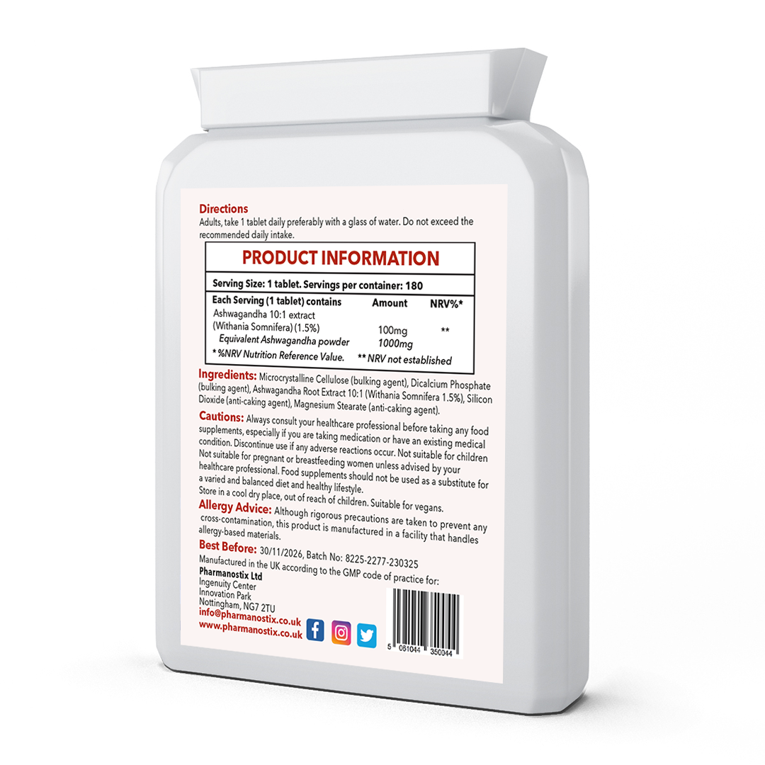 Ashwagandha 1000m Tablet,  1.5% Withanolides, 180 Vegan Tablets