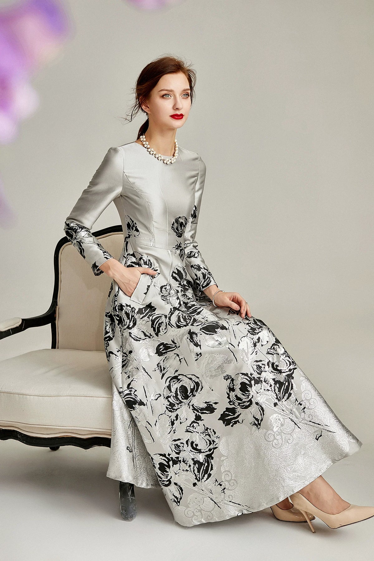 The A-line Silver Jacquard Formal Mum Dress