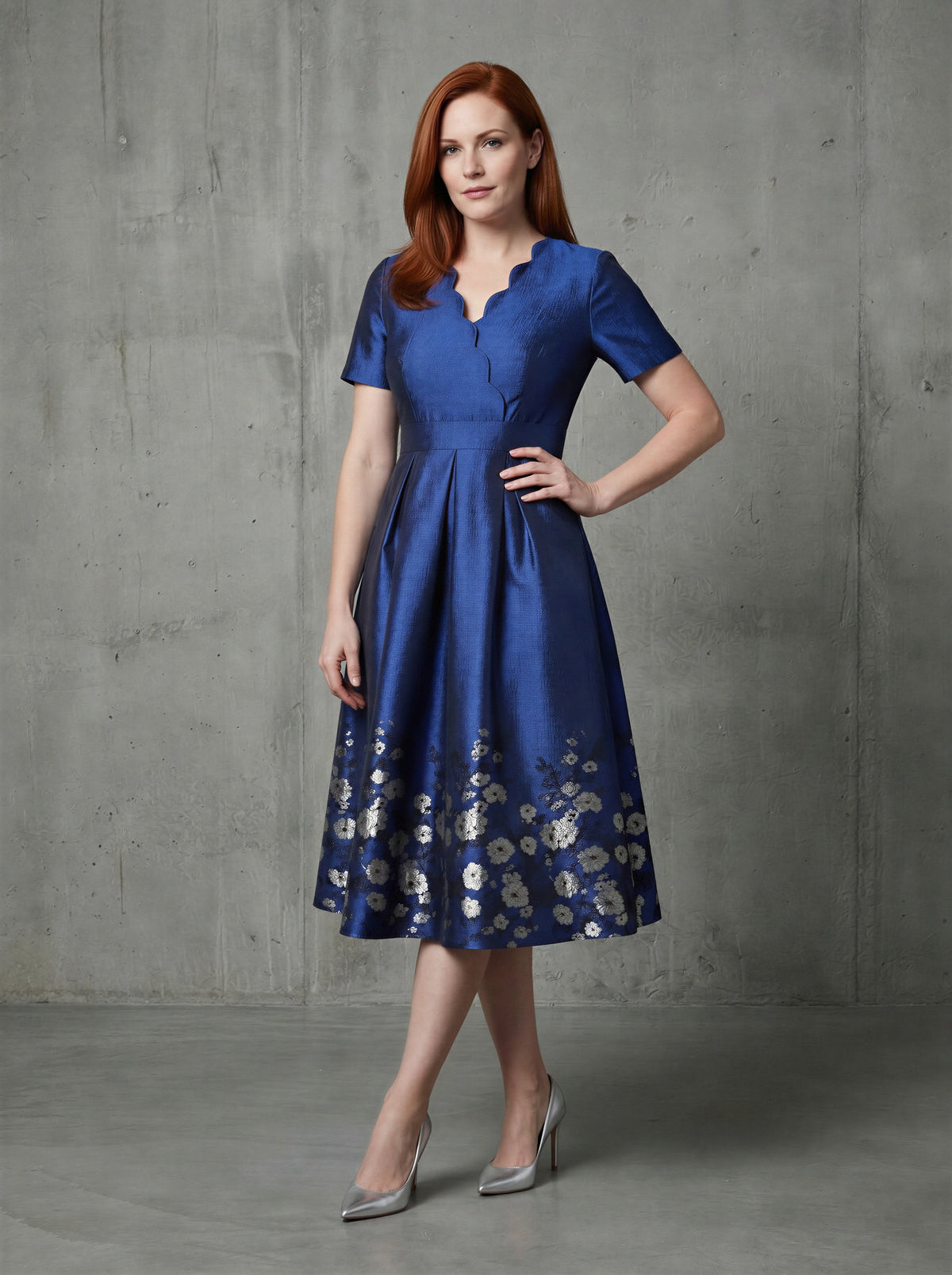 Blue short sleeves floral jacquard A-line mom dress